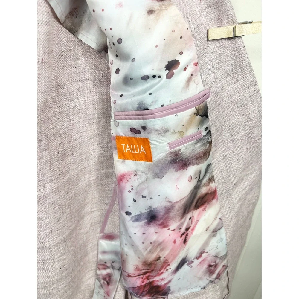 Tallia Sport Coat Men 46R Pink Linen Blazer Watercolor Lining Dapper Preppy Luxe
